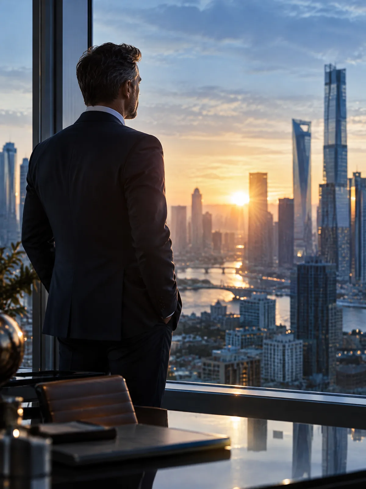 Figura executive di fronte allo skyline urbano al tramonto
