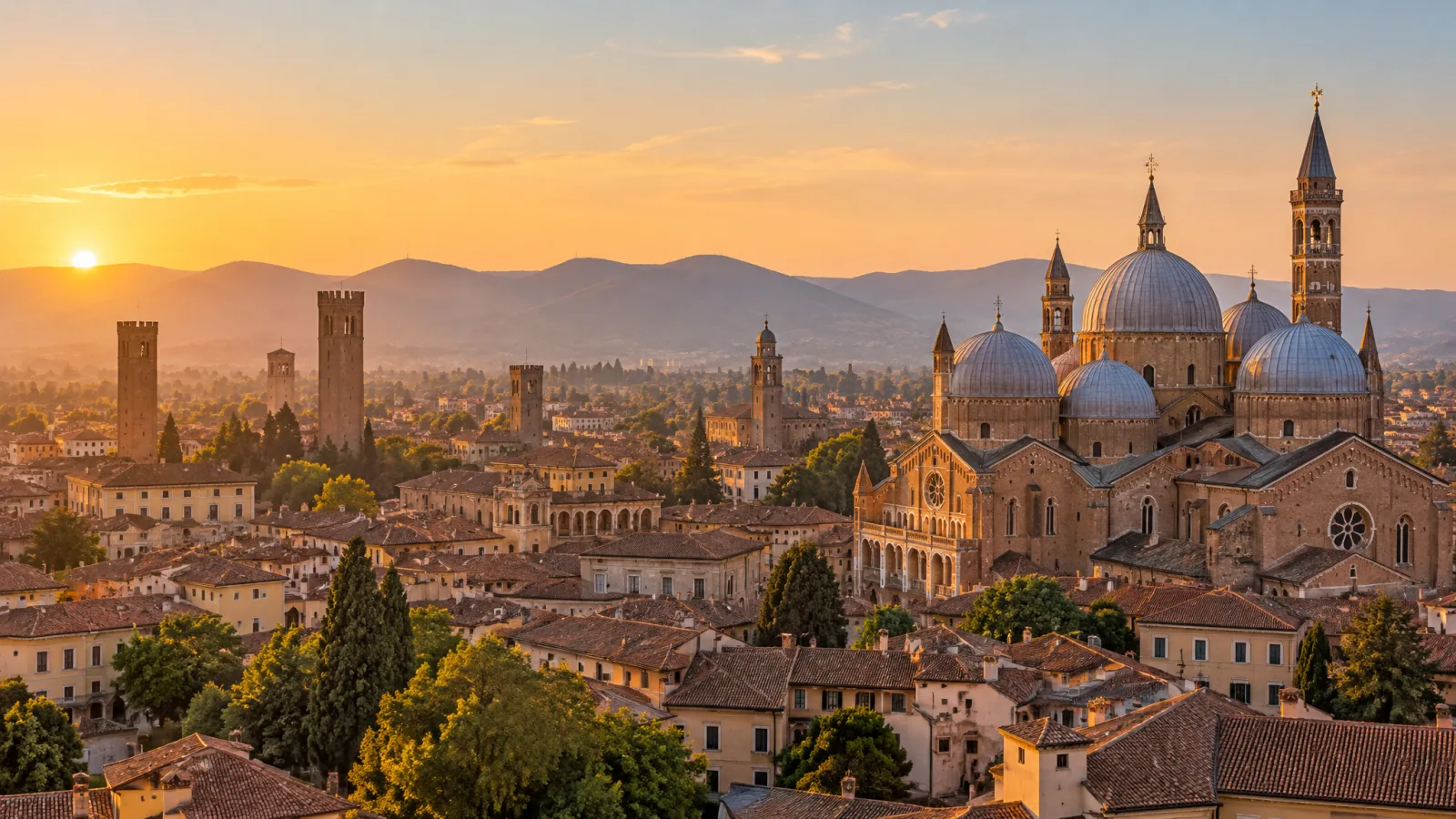 Panorama di Padova al tramonto con la Basilica di Sant'Antonio